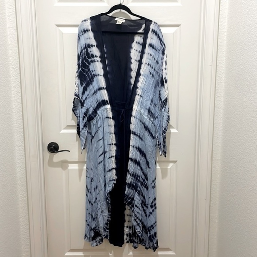 Romantic Gypsy Blue Tie Dye Tie Front Long Kimono